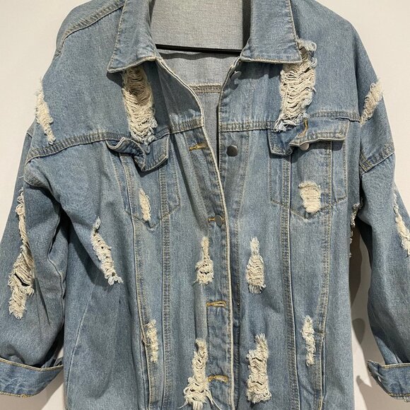 Forever 21 Light Blue Denim Ripped Long Jacket Size S - Picture 2 of 8